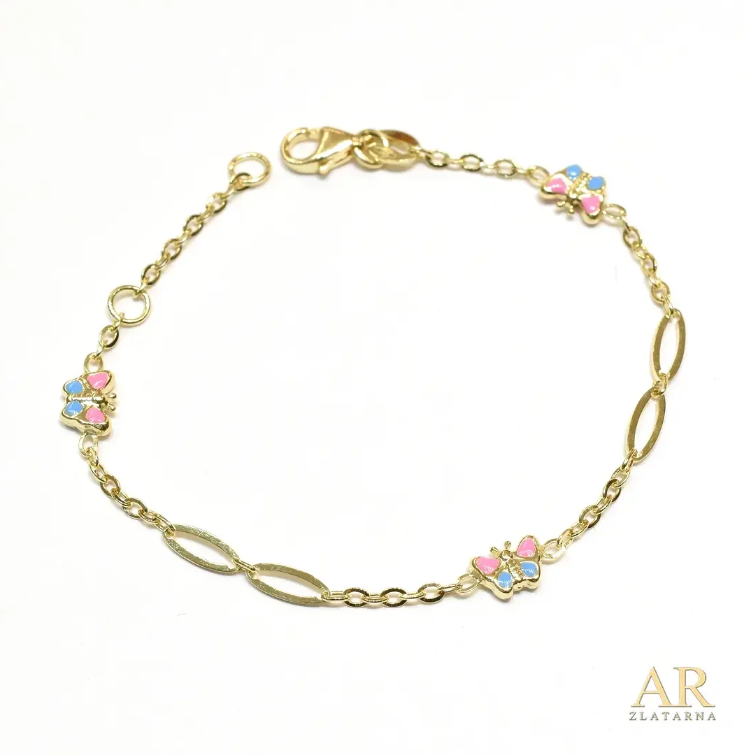 Zlatna narukvica dječja  Leptiri pink 14cm 
