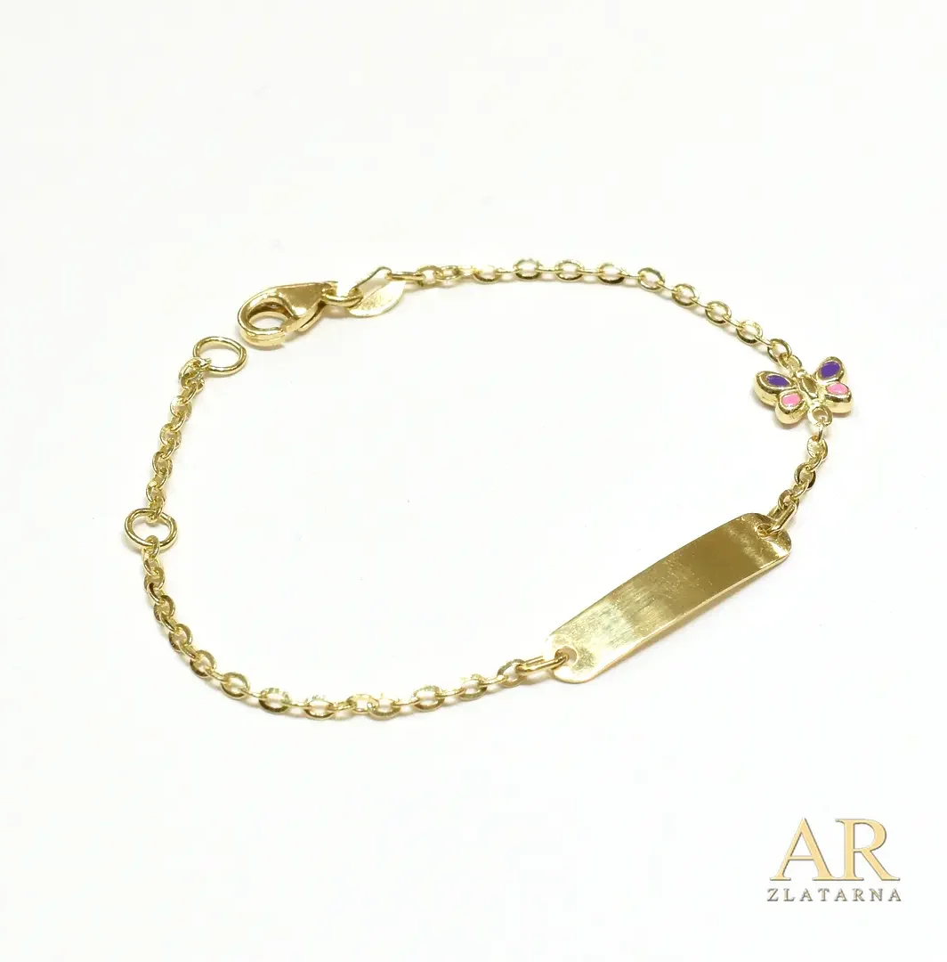 Zlatna narukvica dječja s  pločicom Leptir pink 12cm 