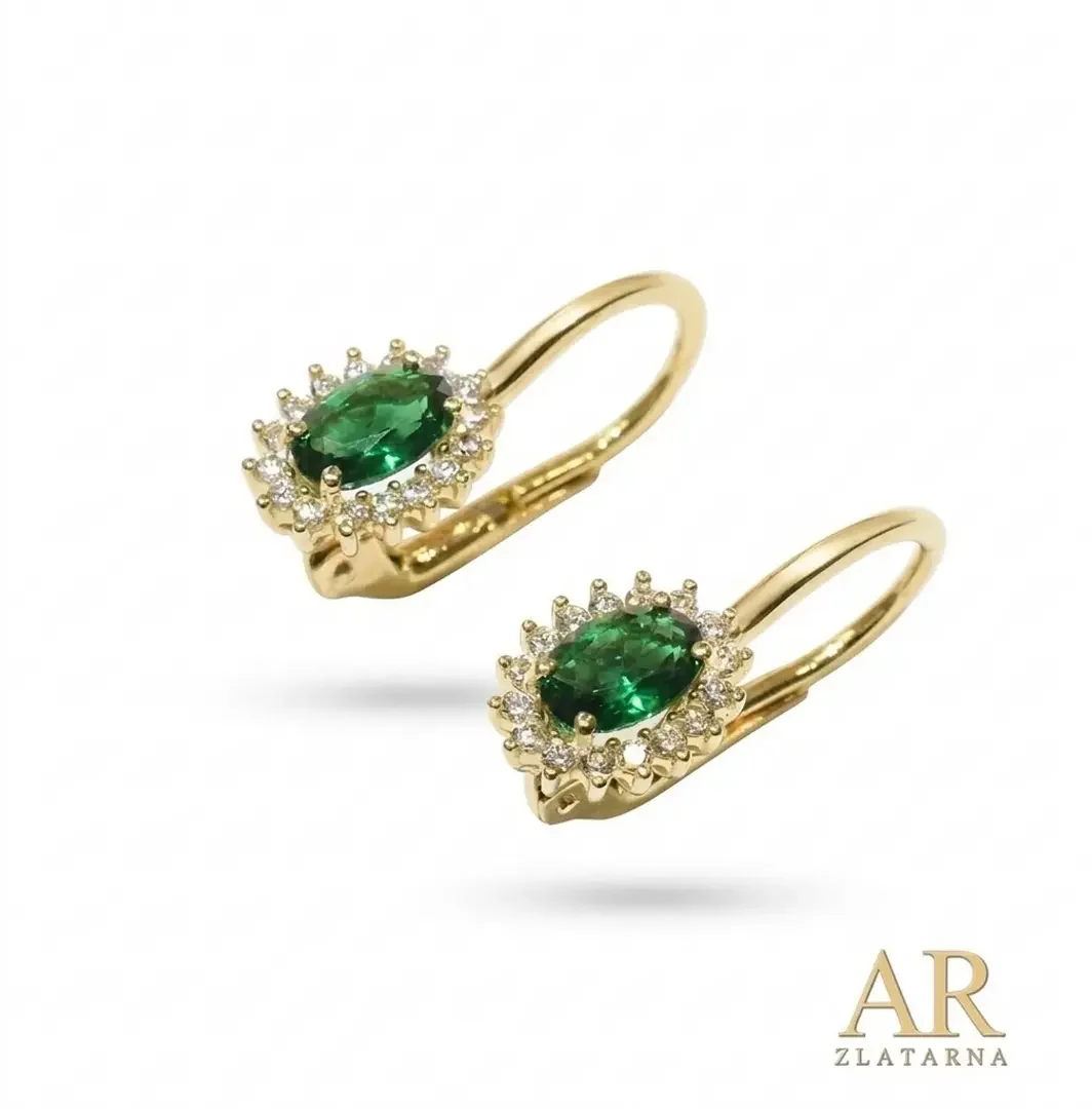 Zlatne naušnice krupni zeleni  kamen u kruni s cirkonima 