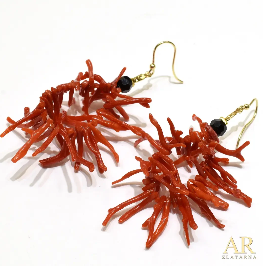 Srebrne naušnice viseće  mediteranski koralji i onyx