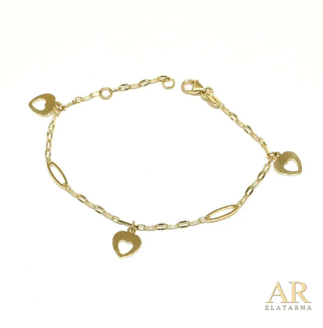 Zlatna narukvica dječja s tri srca