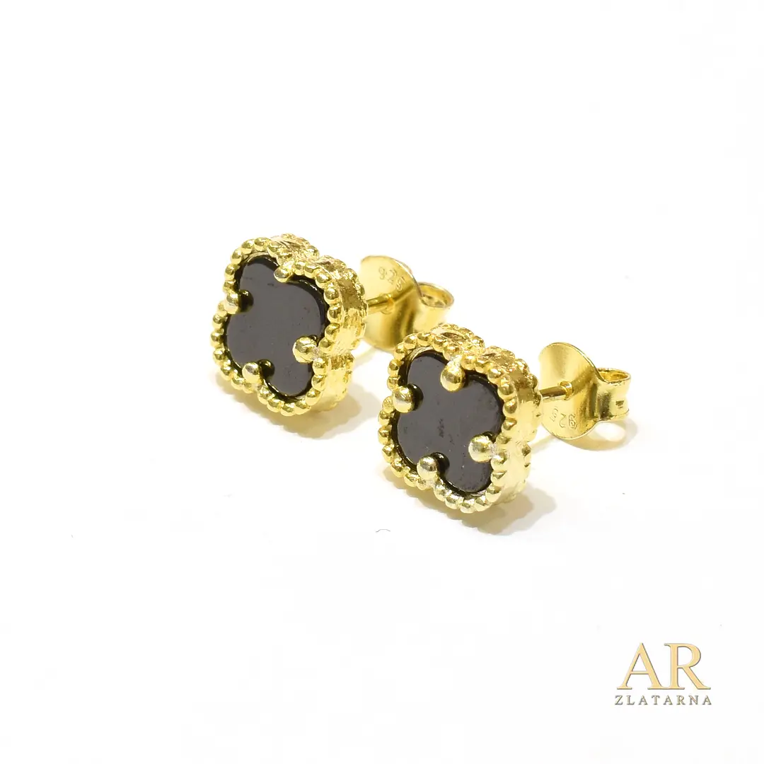 Srebrne naušnice pozlata crna Djetelina medium