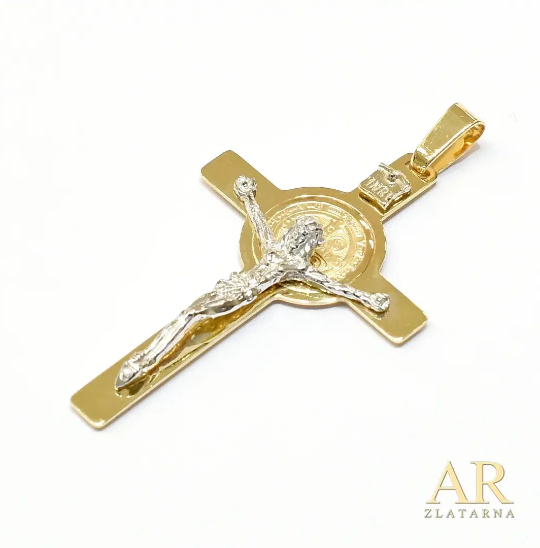 Zlatni privjesak Križ Sveti  Benedikt bijelo i žuto zlato 58mm 
