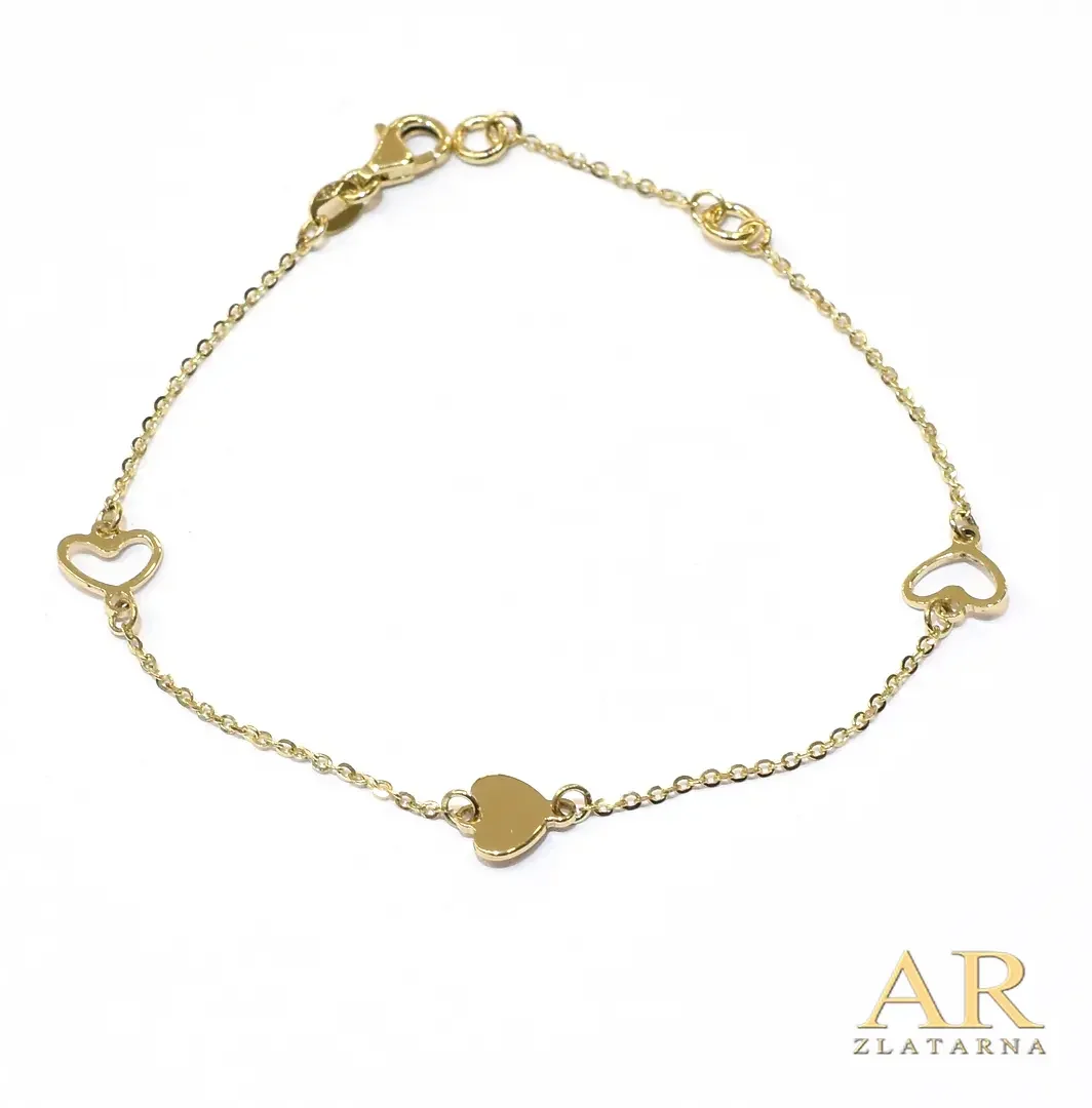 Zlatna narukvica s tri srca  16cm 