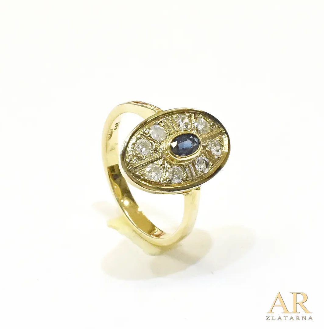 Zlatni prsten Vintage s  dijamantima i safirom