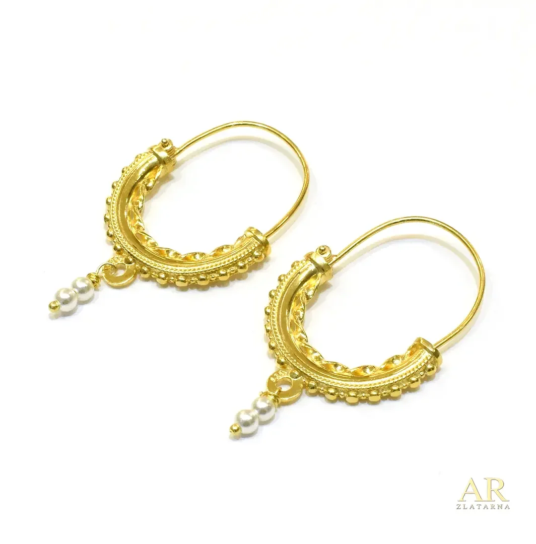 Srebrne pozlaćene Konavoske  naušnice filigran s biserom Model 2