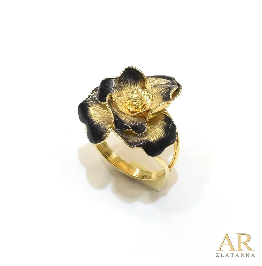 Zlatni prsten Crni cvijet s emajlom