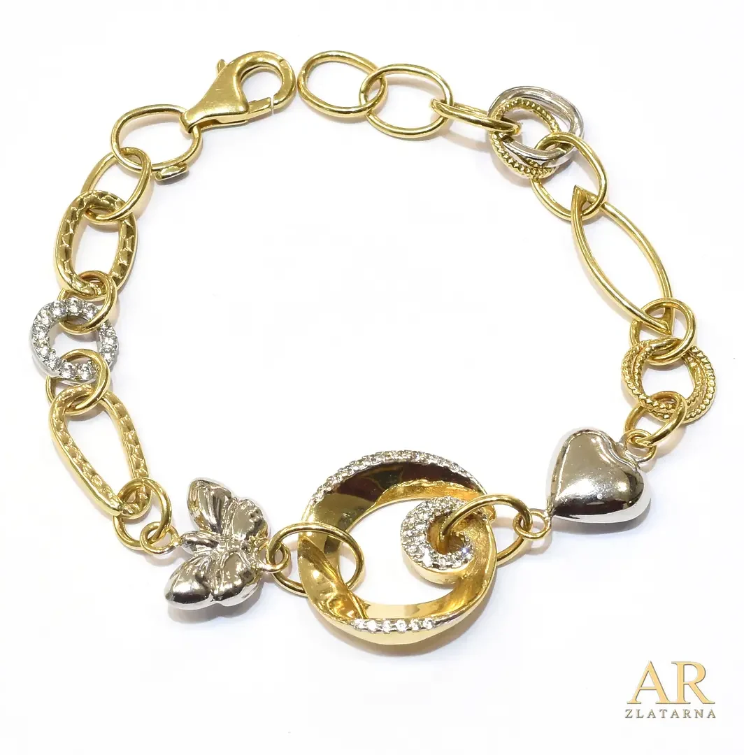 Zlatna narukvica Leptir i srce  bijelo i žuto zlato s cirkonima 19cm 