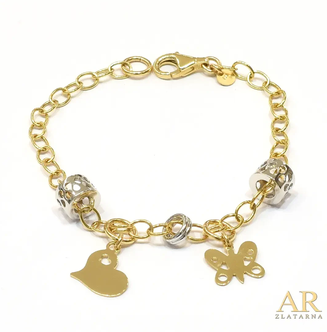 Zlatna narukvica Leptir i srce  bijelo i žuto zlato s privjescima 19cm 