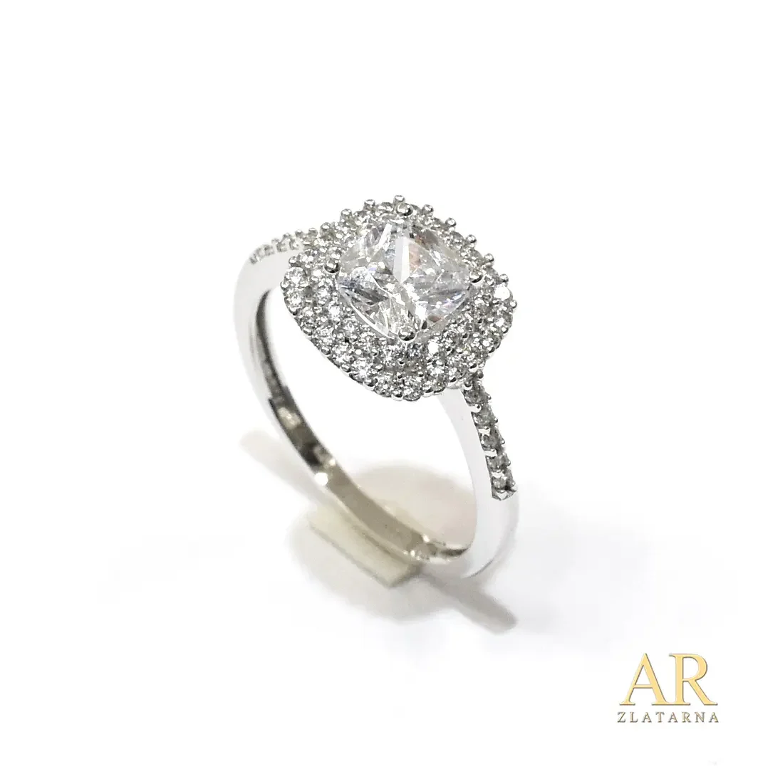 Zlatni zaručnički prsten  bijelo zlato sa cirkonima po obodu i u velikoj kruni