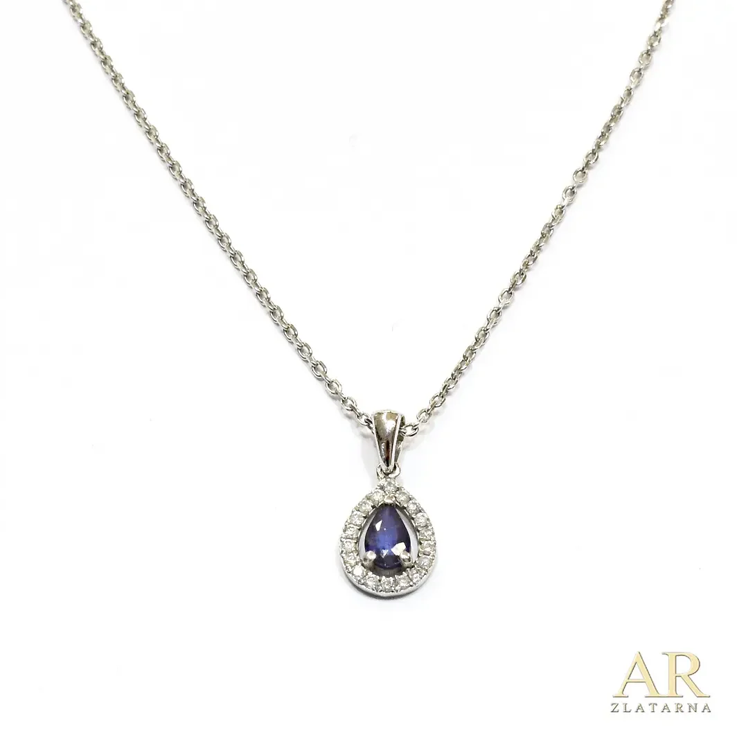 Zlatna ogrlica Suza s 0.08ct  dijamantima i 0.24ct safirom bijelo zlato 45cm