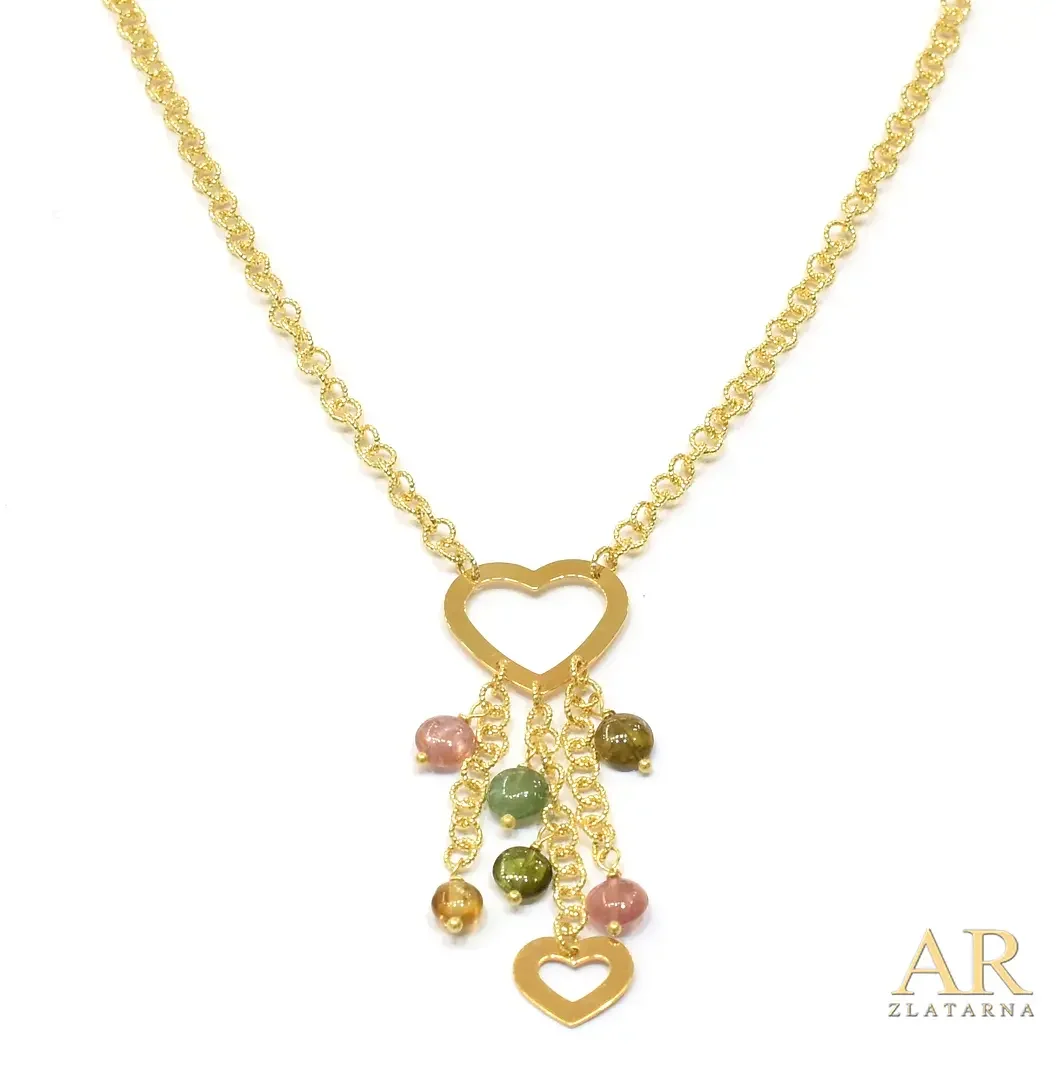 Zlatna ogrlica Srce privjesak  s poludragim kamenjem 45cm 