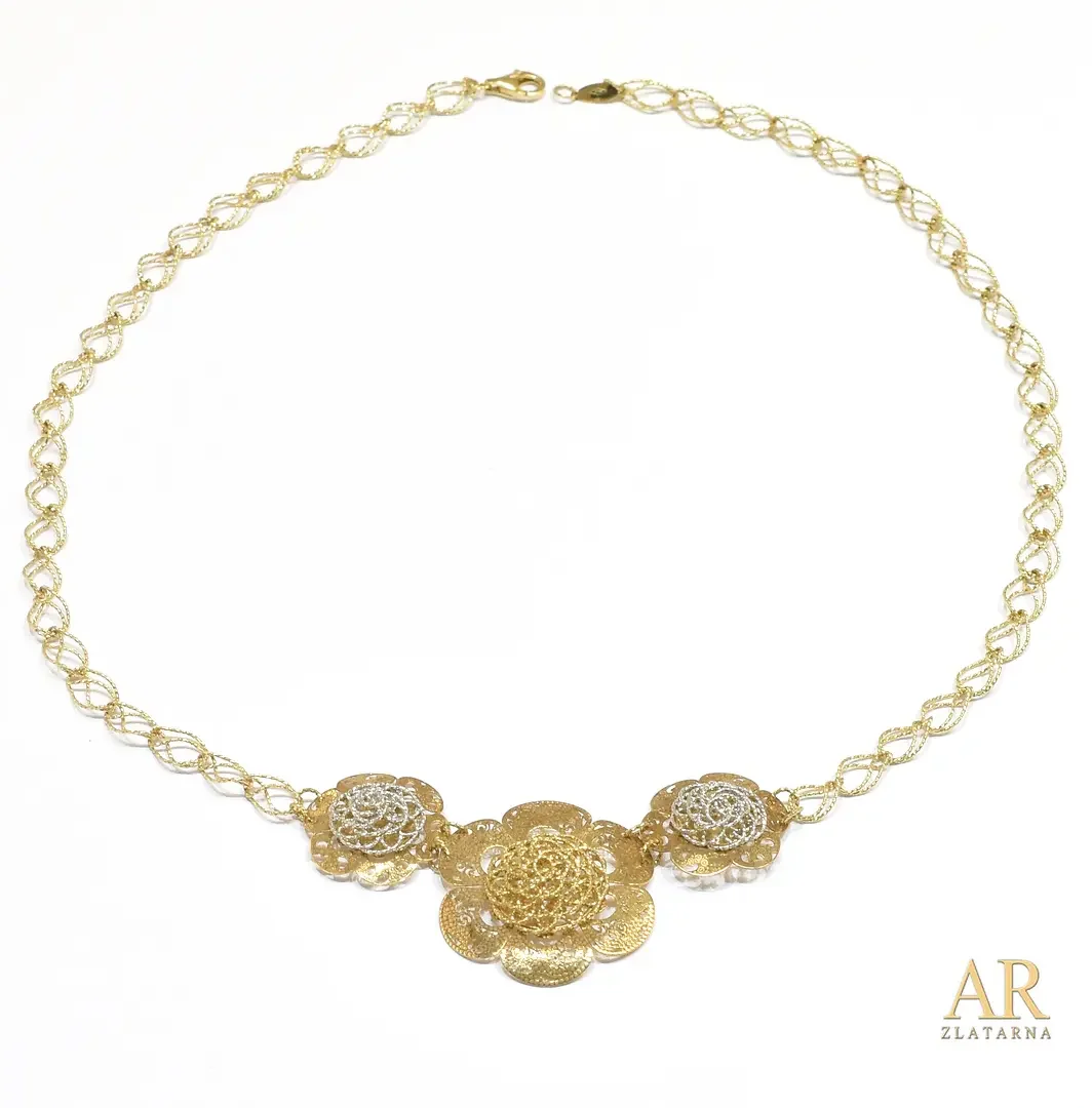 Zlatna ogrlica Tri cvijeta  bijelo i žuto zlato 45cm