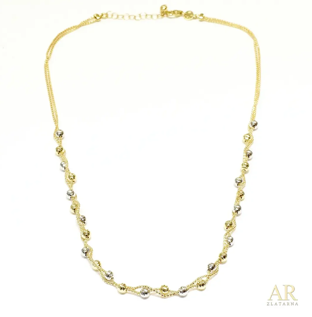 Zlatna ogrlica Dvostruka s  isprepletenim kuglicama bijelo žuto
