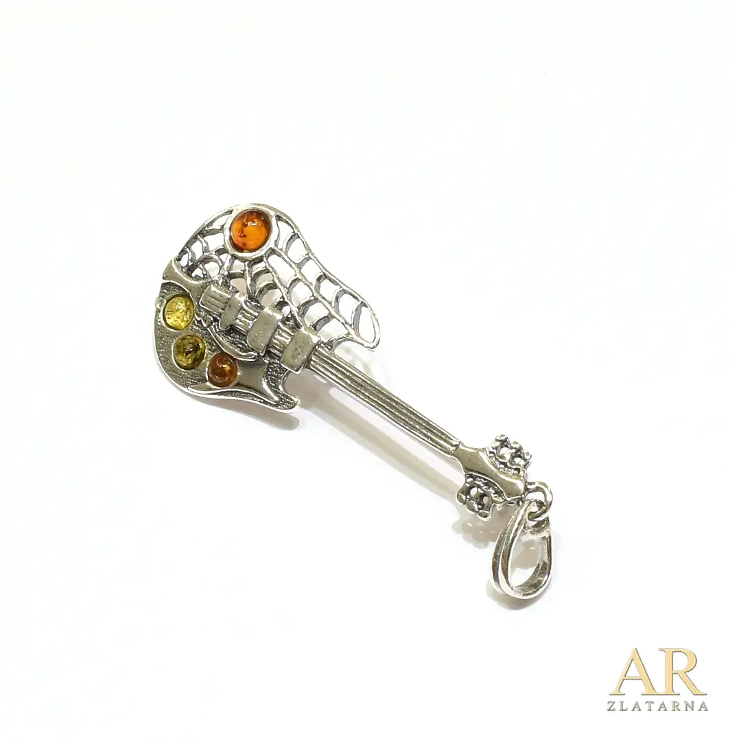 Srebrni broš i privjesak  gitara s jantarom
