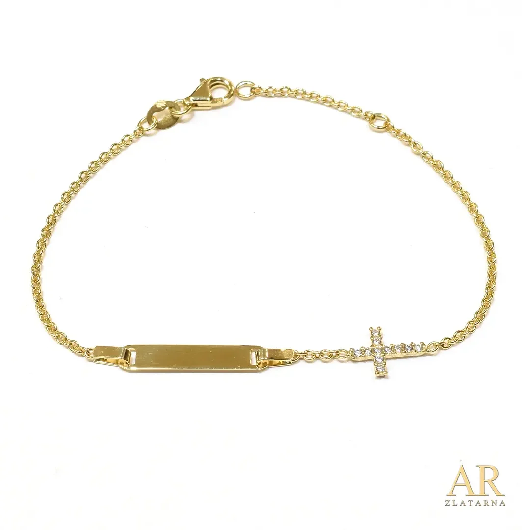 Zlatna narukvica dječja s  pločicom Križ