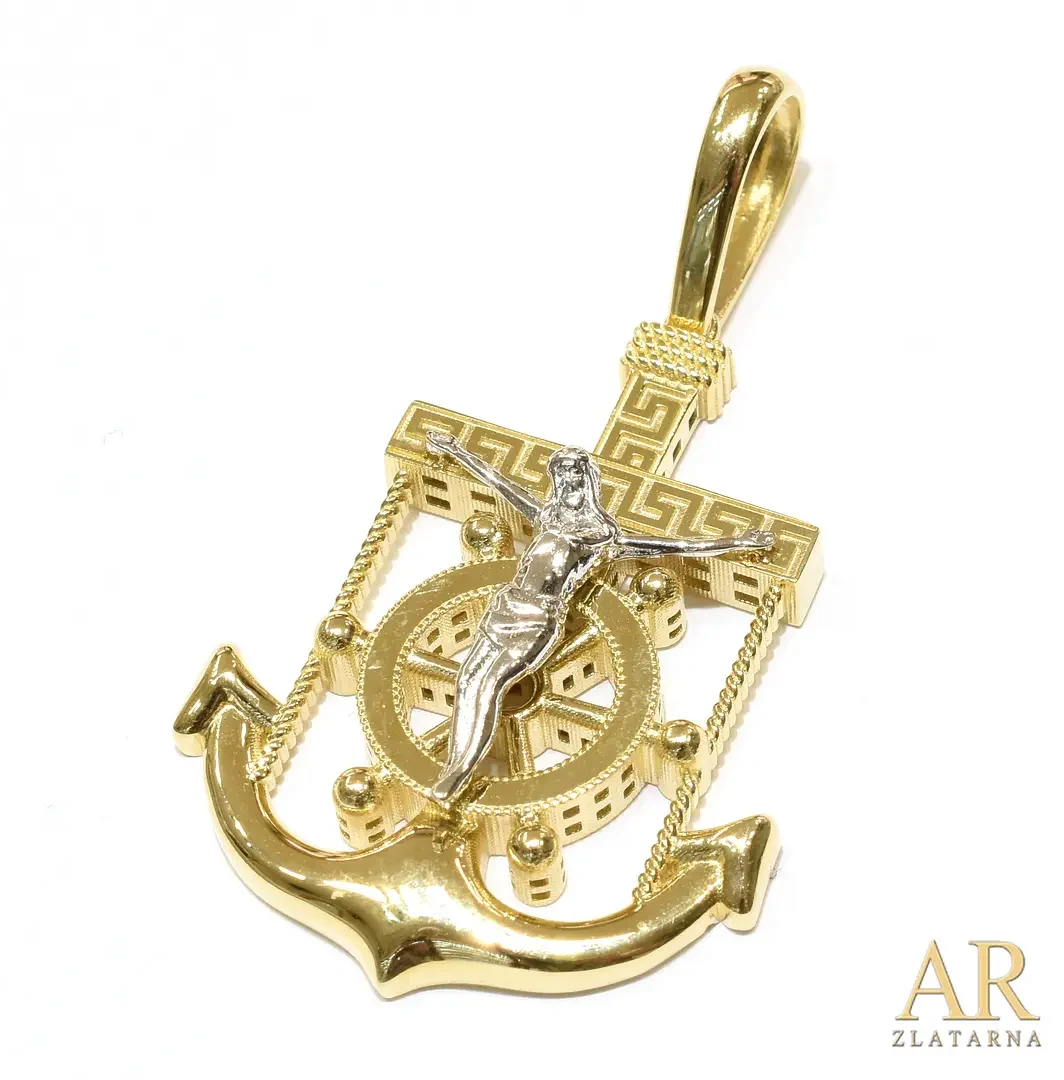 Zlatni privjesak Križ na  sidru  50mm