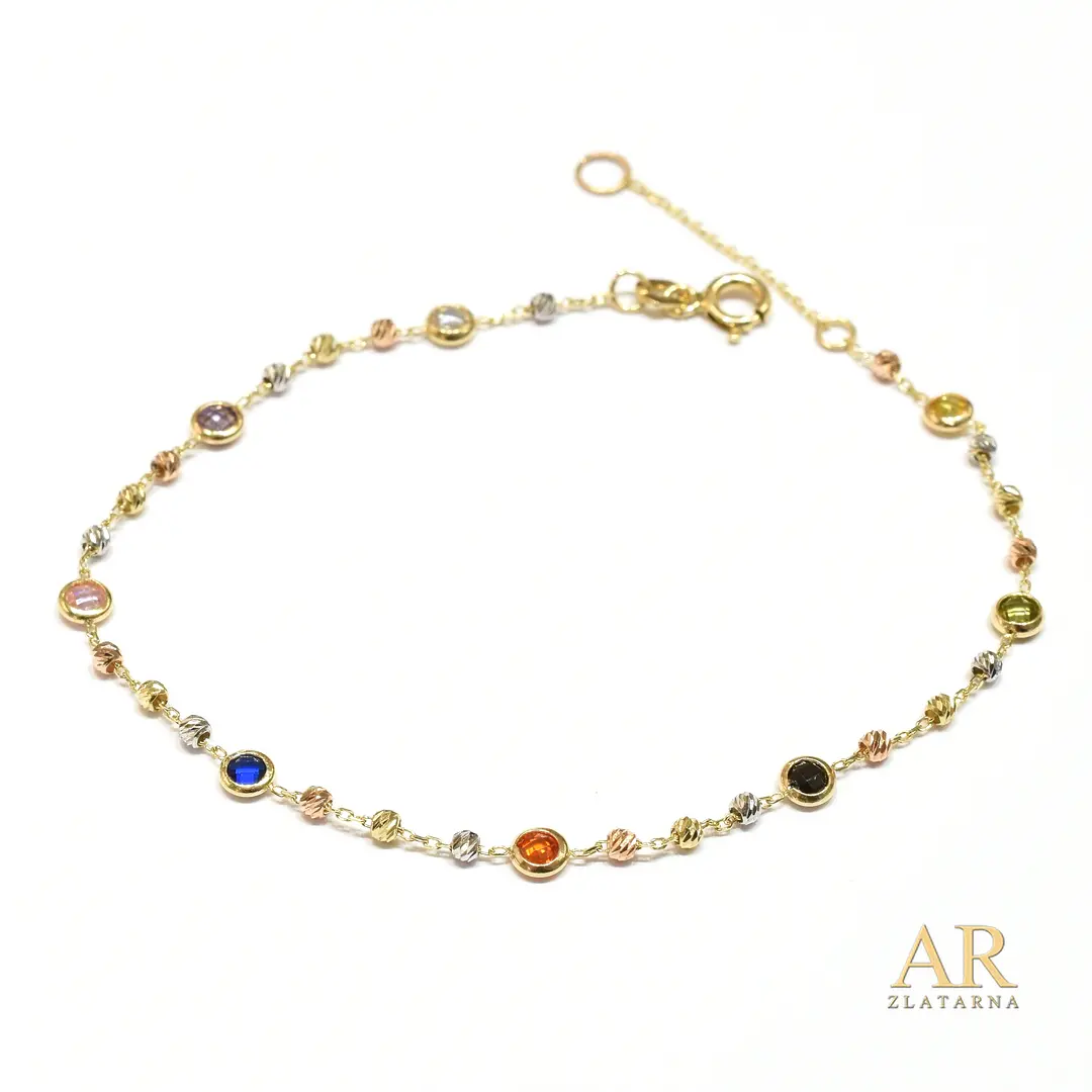 Zlatna narukvica tri boje kuglice i kamenčići u boji