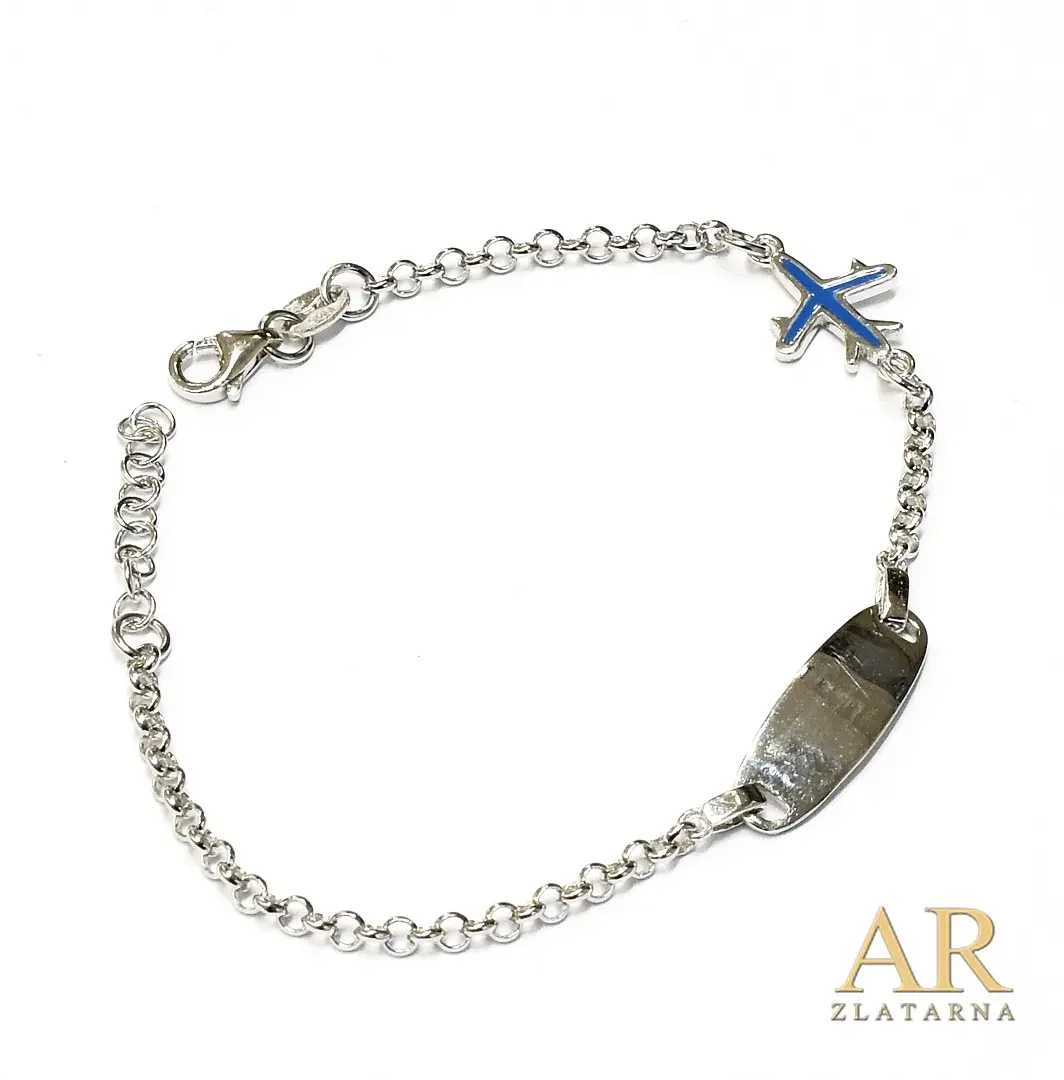 Srebrna dječja narukvica  Avion s pločicom 14cm