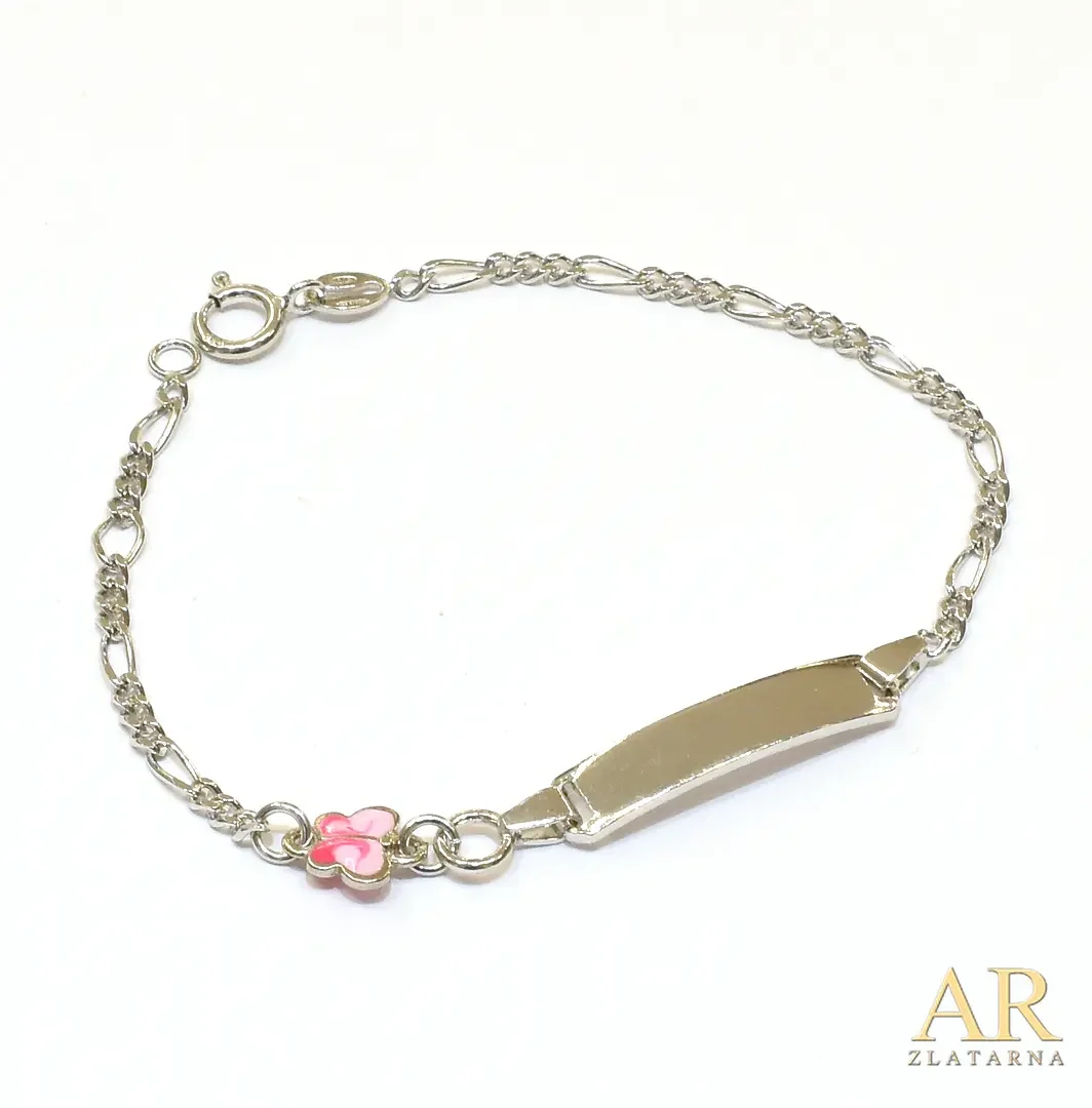 Srebrna dječja narukvica  Leptir roza s pločicom 14cm