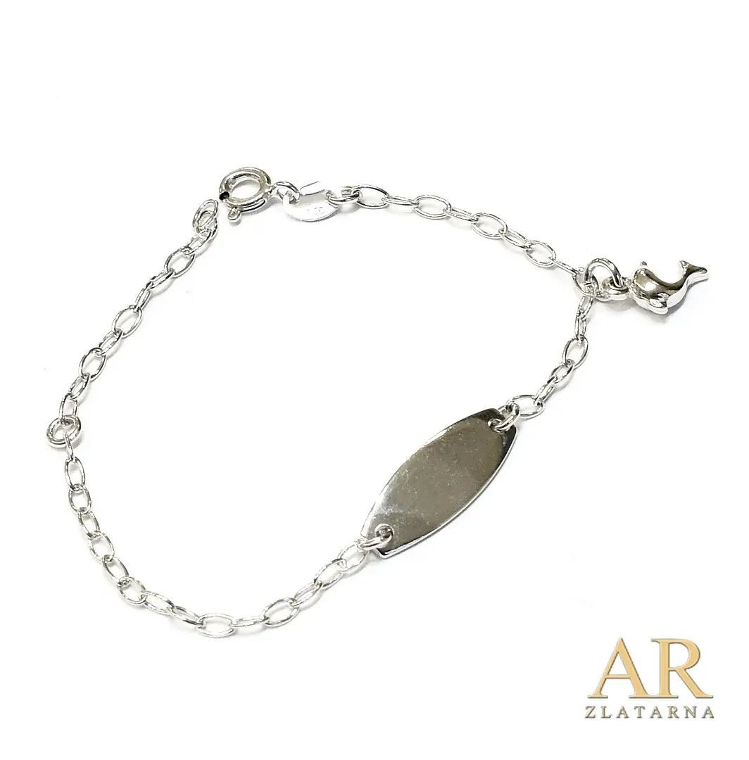 Srebrna dječja narukvica  Dupin s pločicom 12cm