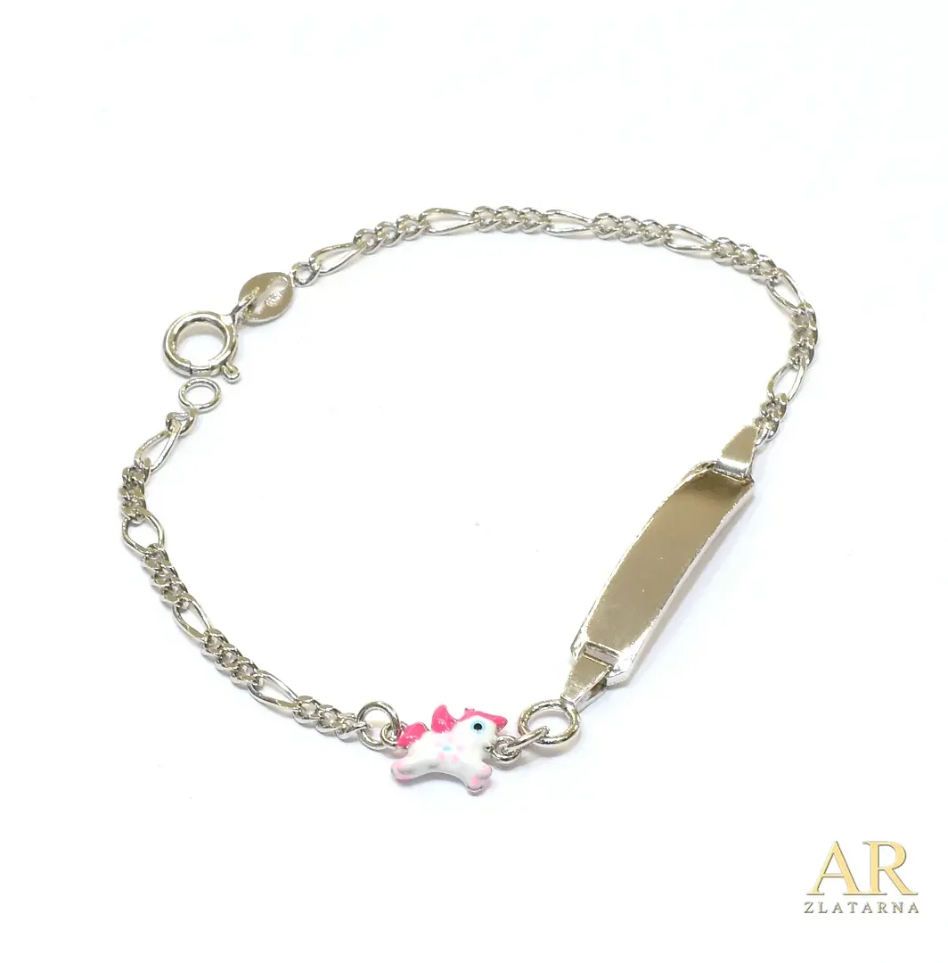 Srebrna dječja narukvica  Unicorn Pink s pločicom