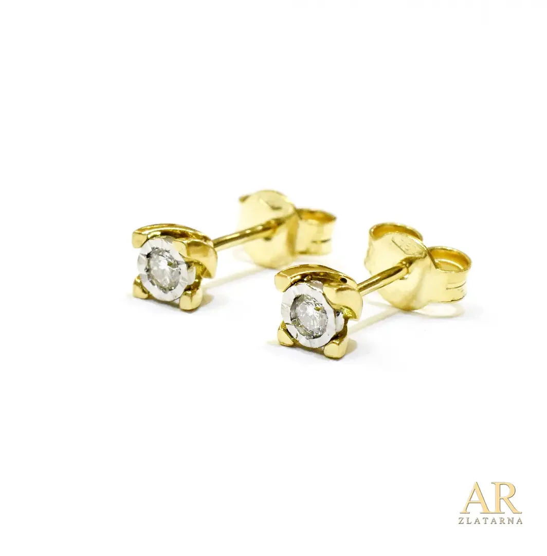 Zlatne naušnice Futura s  0.12ct dijamantima u četverokrakoj kruni bijelo i žuto zlato