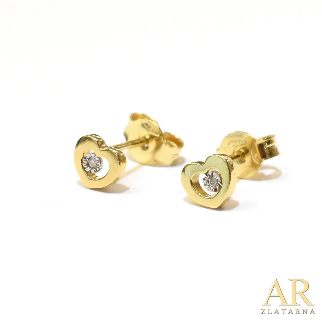 Zlatne naušnice s 0.01ct  dijamantima u srcu 