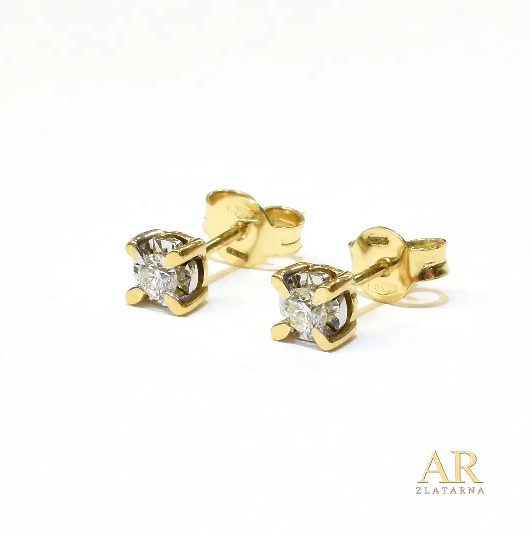 Zlatne naušnice Futura s  0.24ct dijamantima u četverokrakoj kruni bijelo i žuto zlato