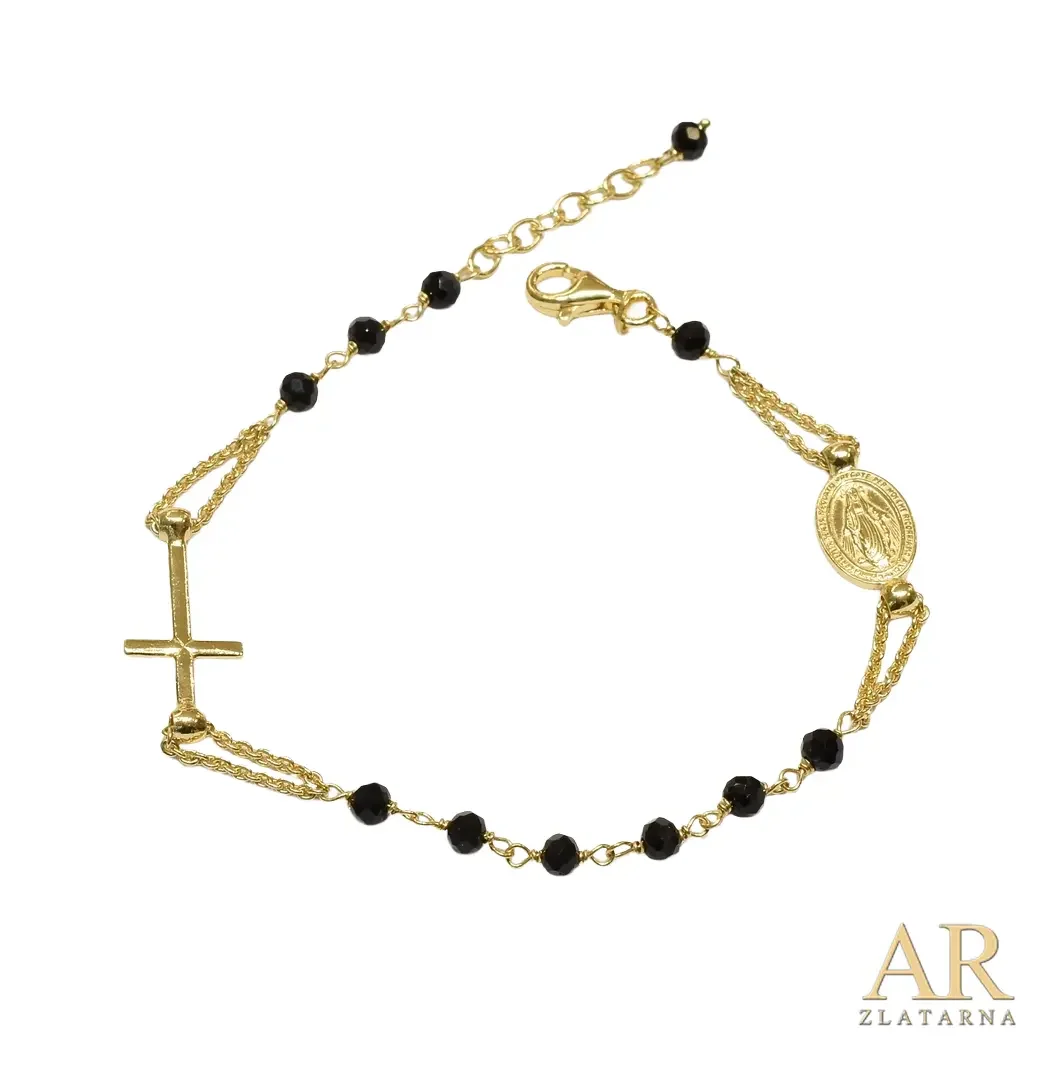 Srebrna narukvica krunica pozlata crni kamenčići