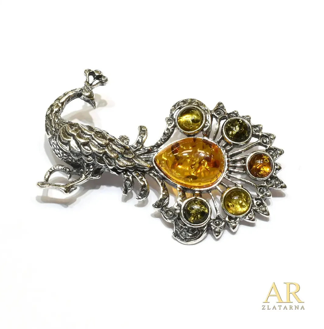 Srebrni broš jantar Paun
