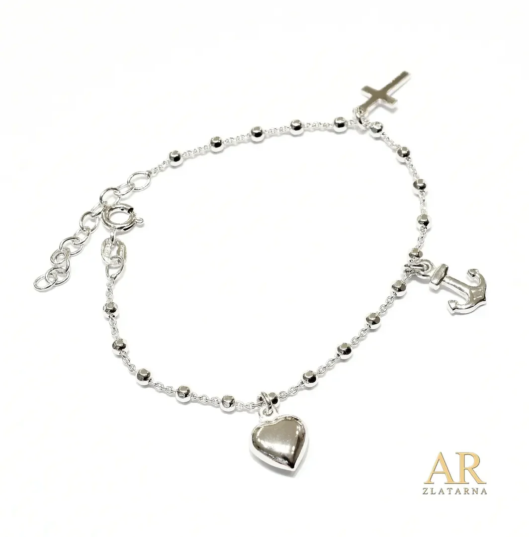 Srebrna narukvica Srce Sidro i Križ