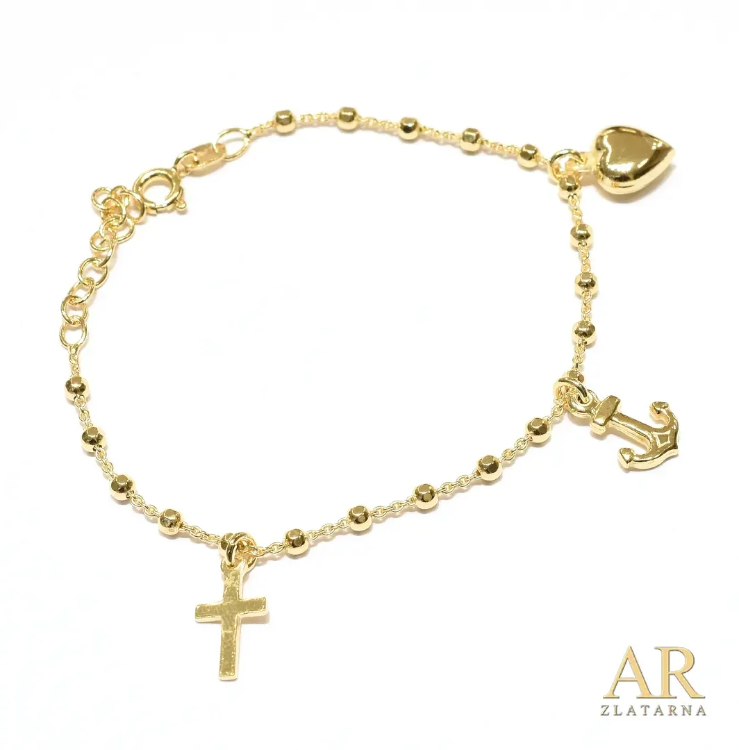 Srebrna pozlaćena narukvica Srce Sidro i Križ