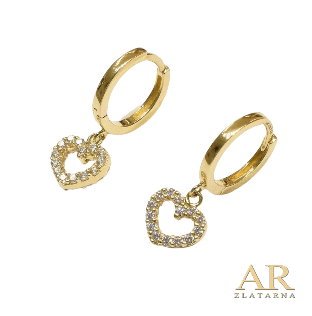 Zlatne naušnice viseća srca Model 3