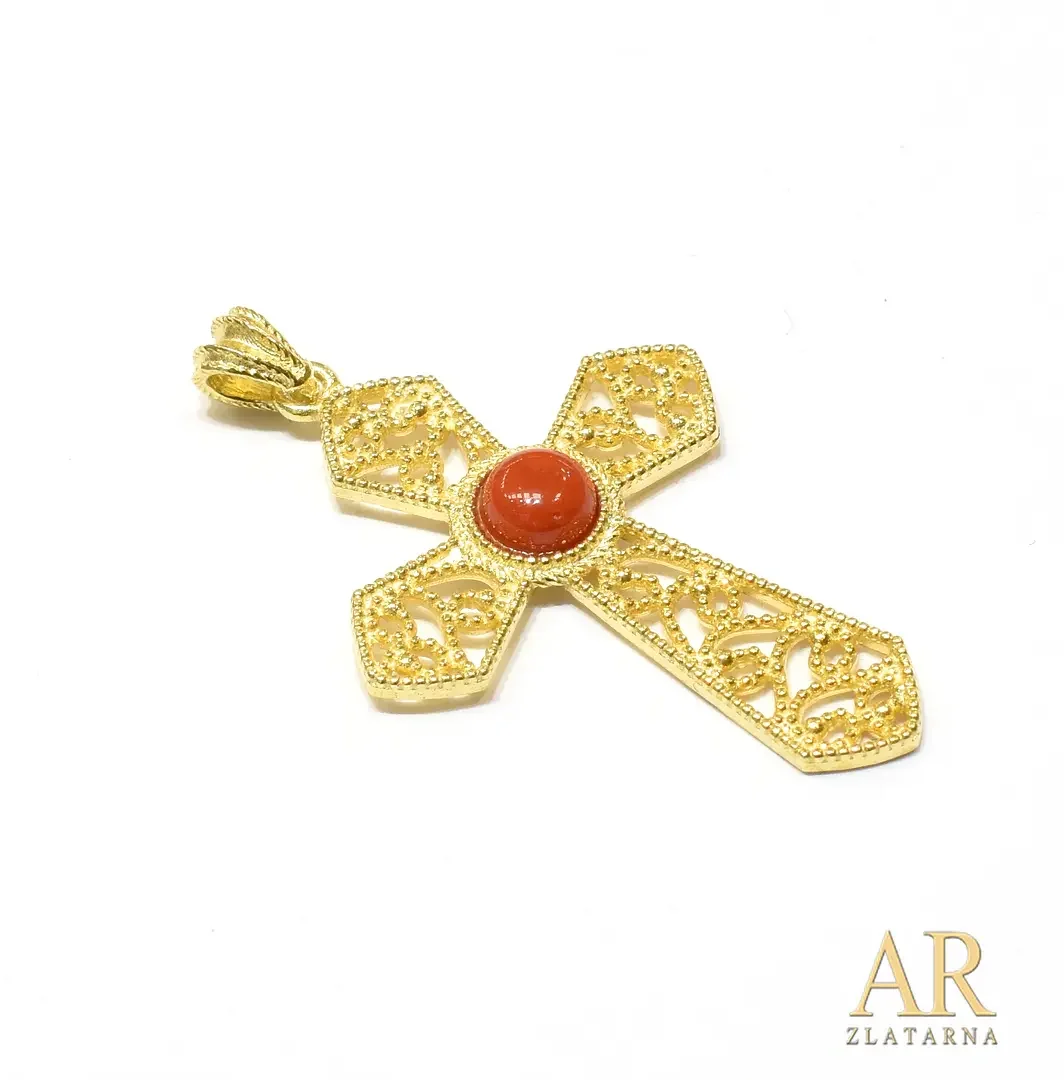 Srebrni pozlaćeni križ Filigran sa koraljem Model 2