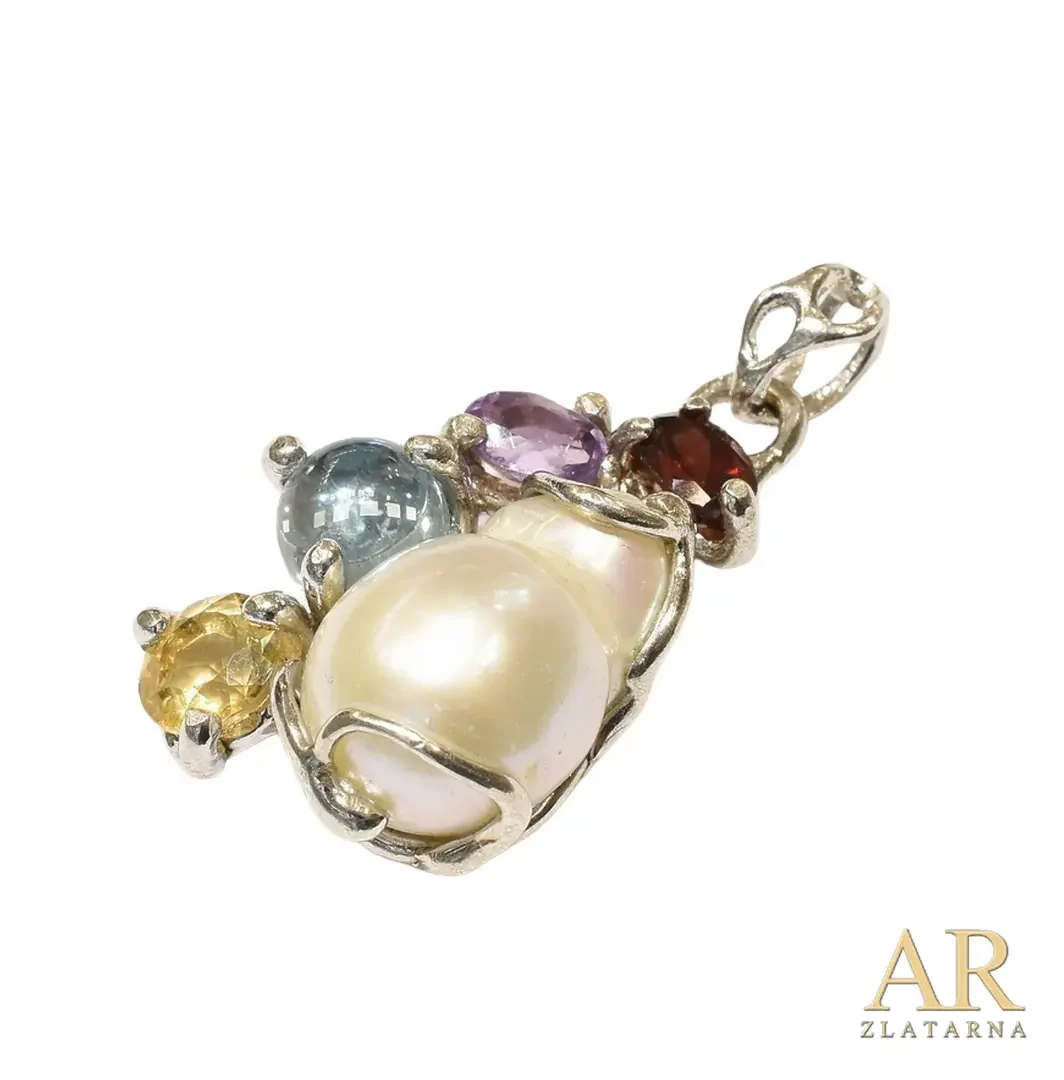 Srebrni privjesak barok biser i kamenčići u boji