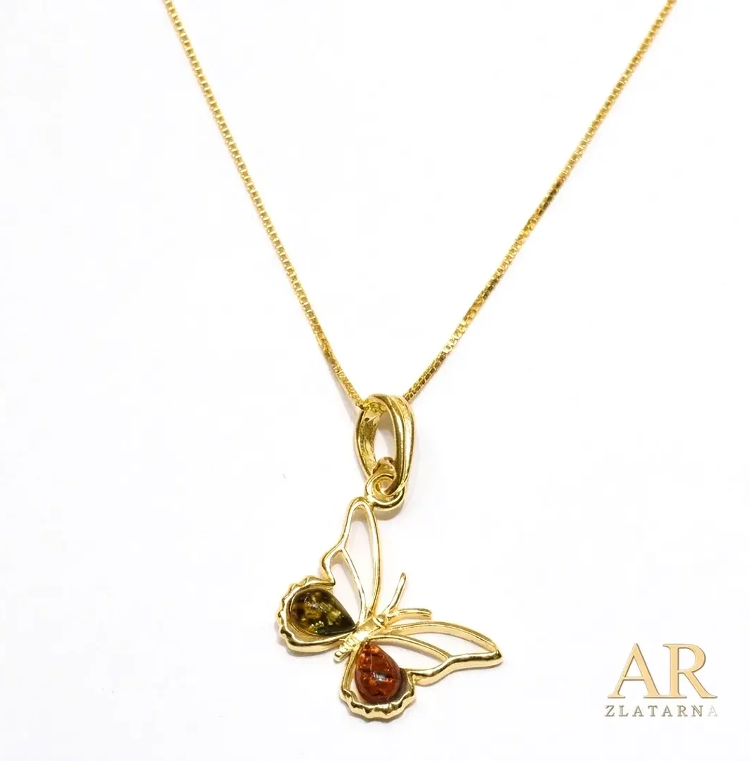 Srebrna pozlaćena ogrlica Leptir sa jantarom Model 1