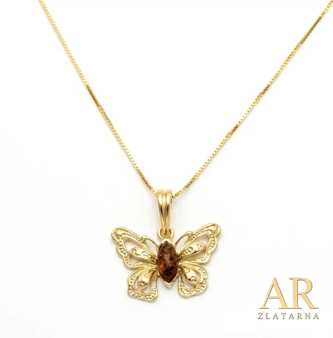 Srebrna pozlaćena ogrlica Leptir sa jantarom Model 2