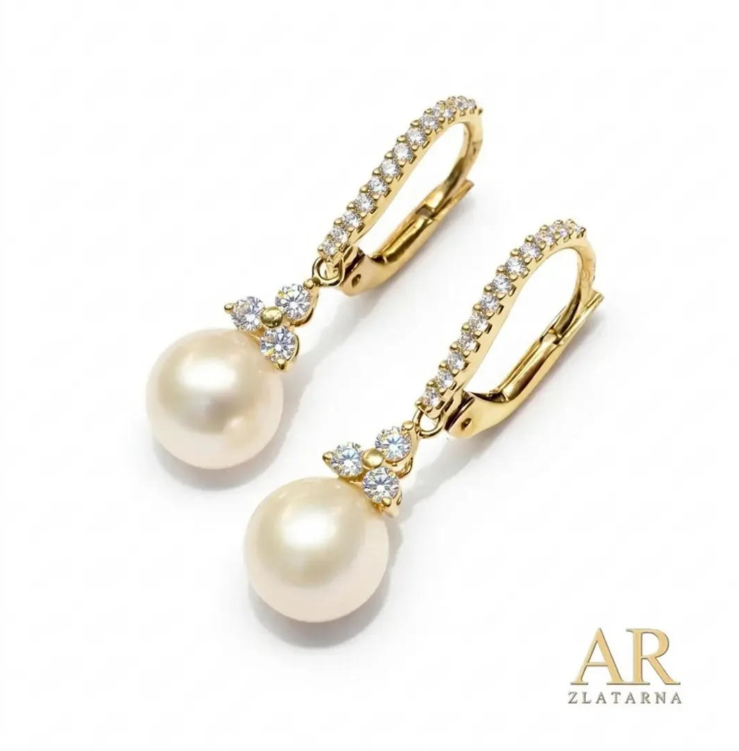Zlatne naušnice Viseći biseri sa cirkonima Model 3