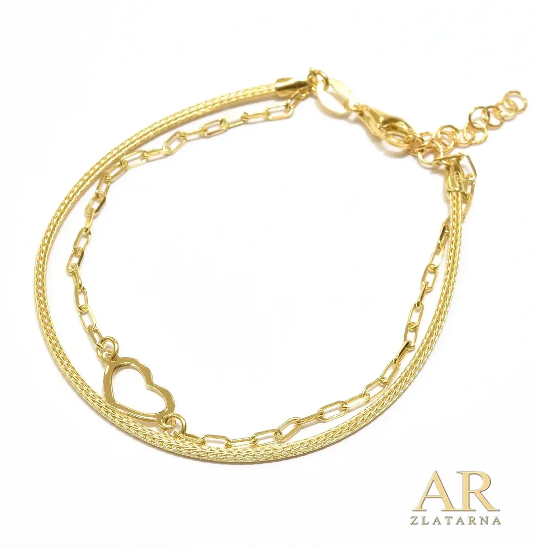 Srebrna pozlaćena narukvica dupli lančić sa srcem