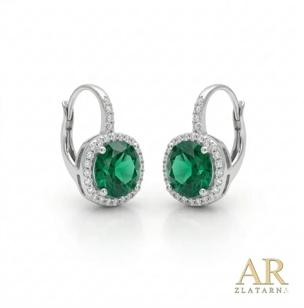 Srebrne naušnice Zeleni kamen i cirkoni model 3
