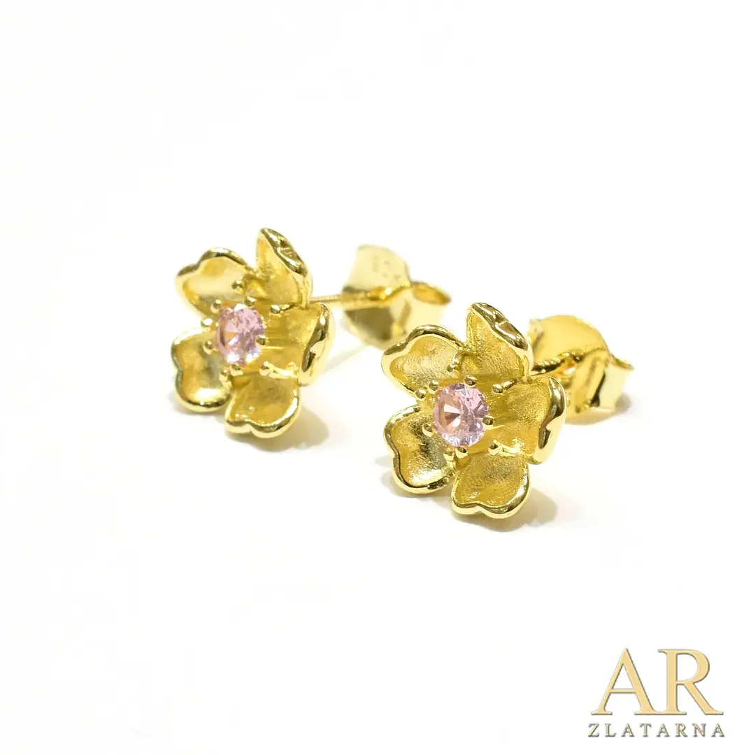 Srebrne pozlaćene naušnice svijet sa rozim kamenom