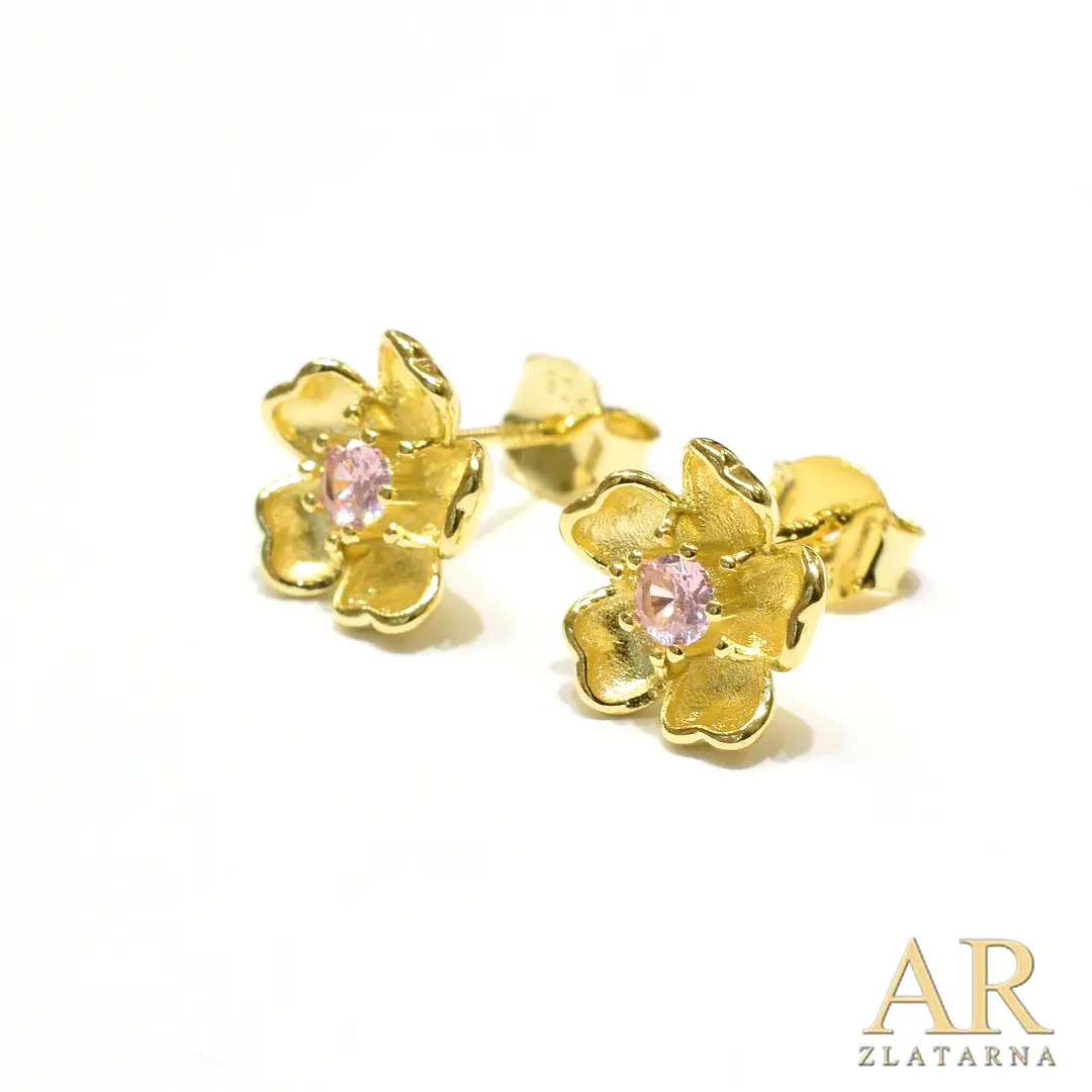 Srebrne pozlaćene naušnice svijet sa rozim kamenom
