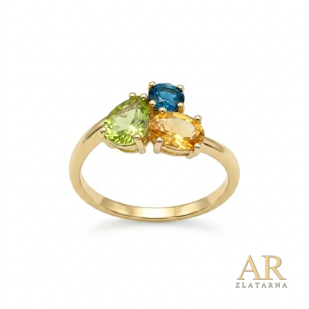 Zlatni prsten s peridotom, London Blue i žutim topazom