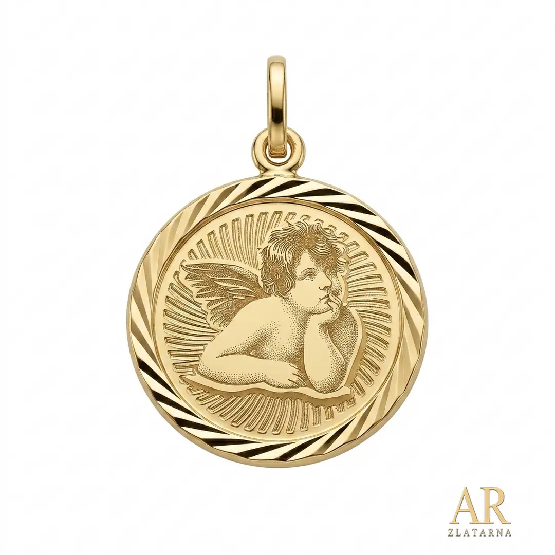 Zlatni privjesak Anđel okrugli 16 mm Model 2